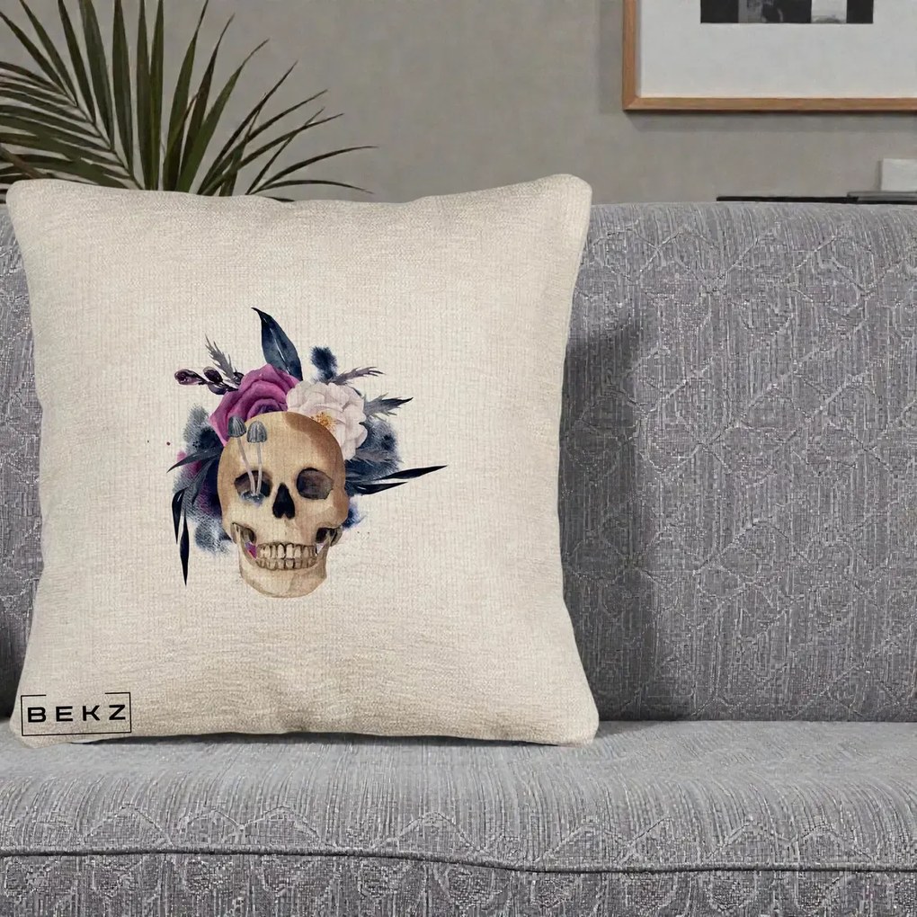 Perna Decorativa Craniu Floral cu Trandafiri si Ciuperci, 40x40 cm, Bej Canapea, Husa Detasabila, Perna Inclusa, BEKZ®