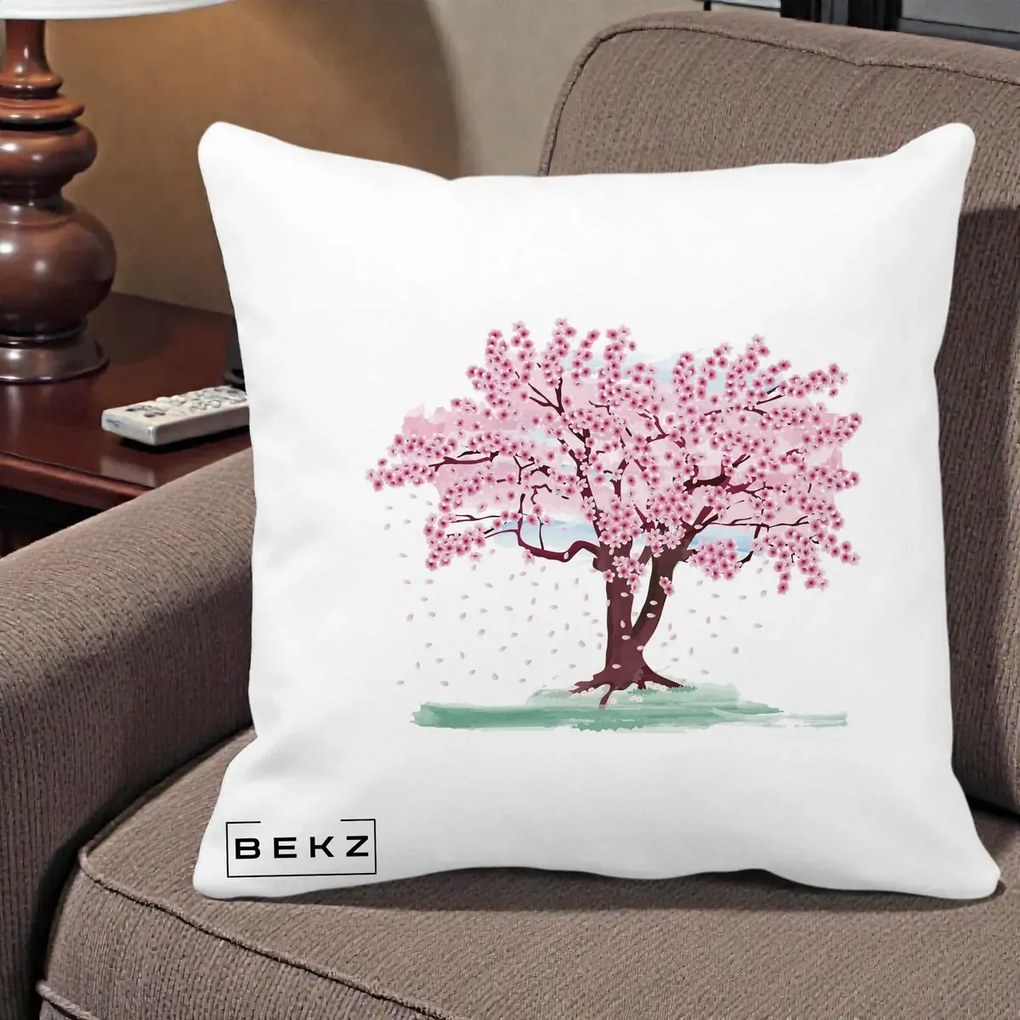 Perna Decorativa Cires Inflorit Acuarela, 40x40 cm, Alba Mata, Husa Detasabila, Perna Inclusa, BEKZ®