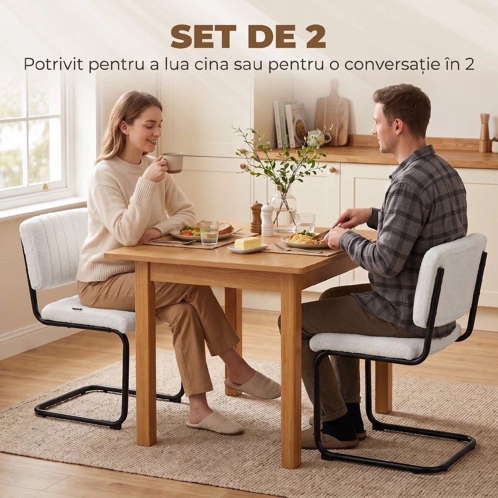 HOMCOM Set 2 Scaune de Dining Tapițate din Țesătură Teddy, Cadru Metalic Tip Sanie, Alb Crem | Aosom Romania