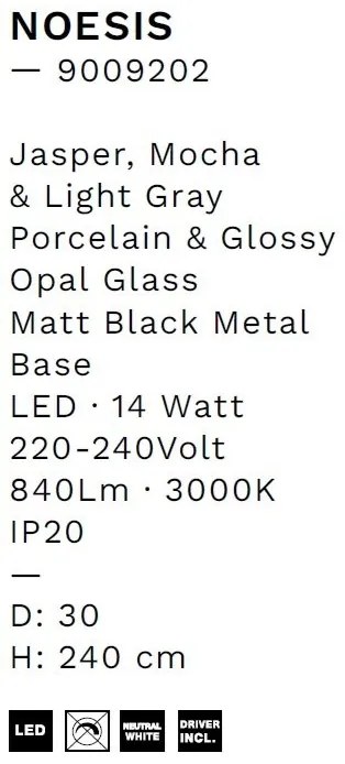 Lustra LED decorativa portelan mocha, jasper, gri, sticla alb, NOESIS