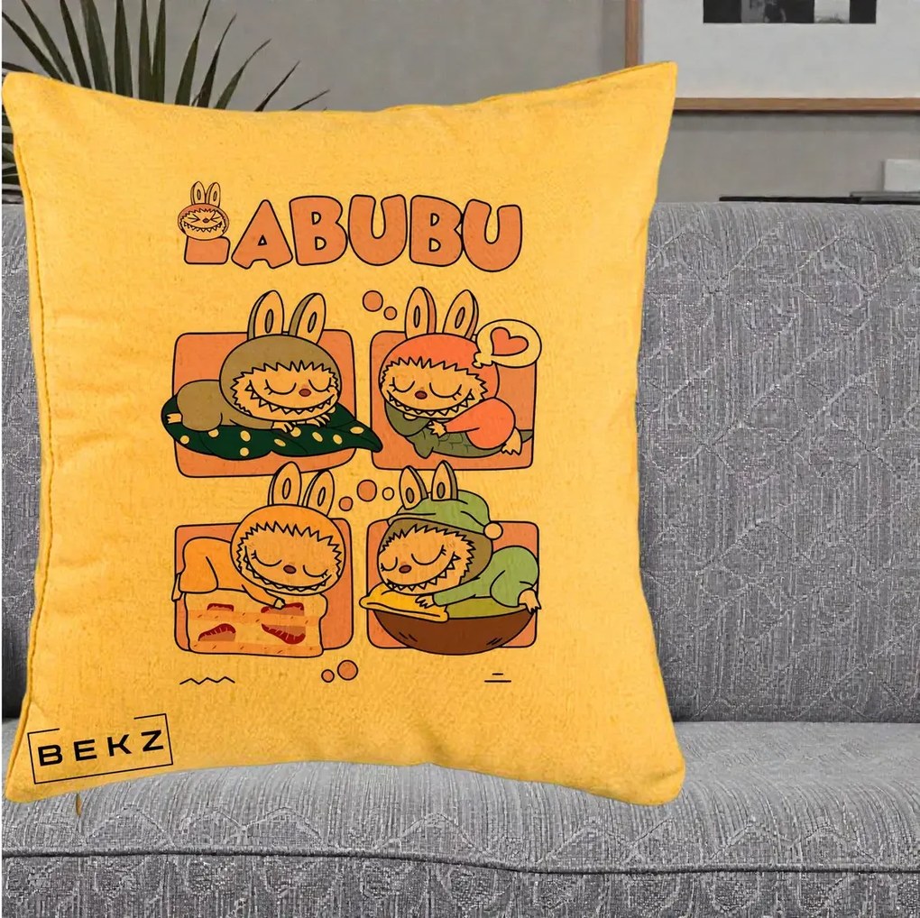 Perna Personalizata Labubu Sleeping Quad Grid, 40x40 cm, Galben, Husa Detasabila, Perna Inclusa, BEKZ®