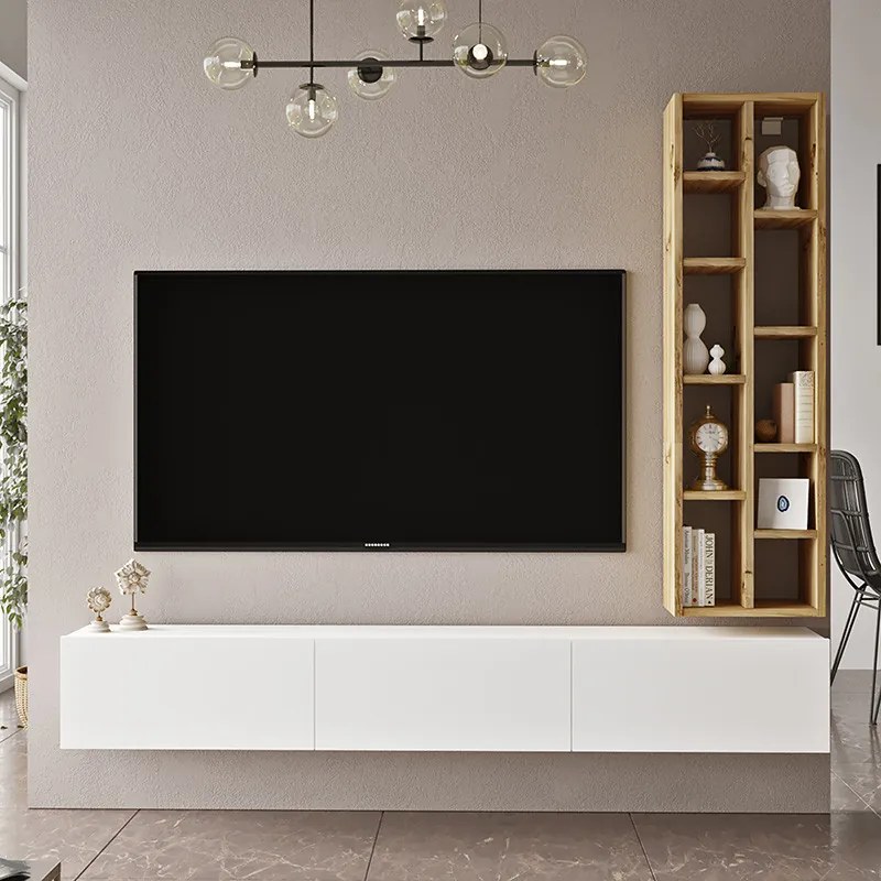 Comoda TV de perete Esmeralda alb - culoare lemn naturala 74.5x27x145cm
