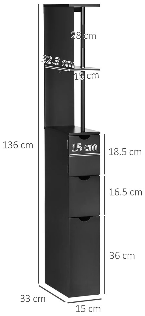 Dulap cu coloana HOMCOM din lemn ce economie de spatiu, dulap de baie cu rafturi, dulap si sertare, negru, 15x33x136cm | Aosom Romania