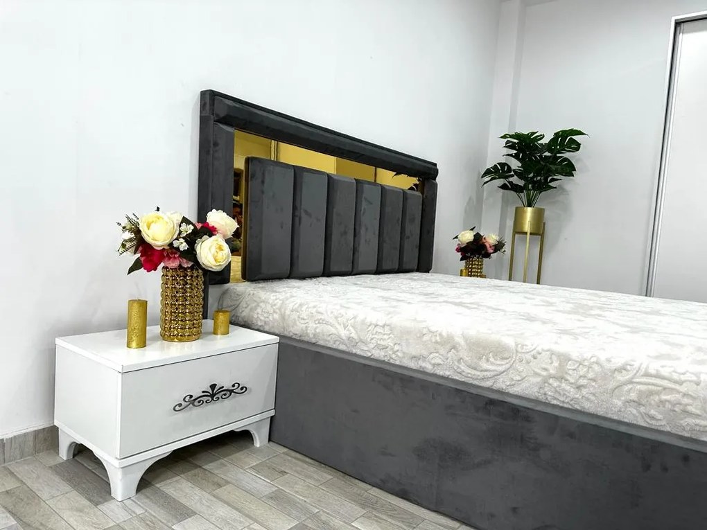 Dormitor complet Napoli, culoare gri / alb, cu pat Napoli 160 x 200 cm, dressing Erika 150 cm, 2 noptiere si comoda Viena