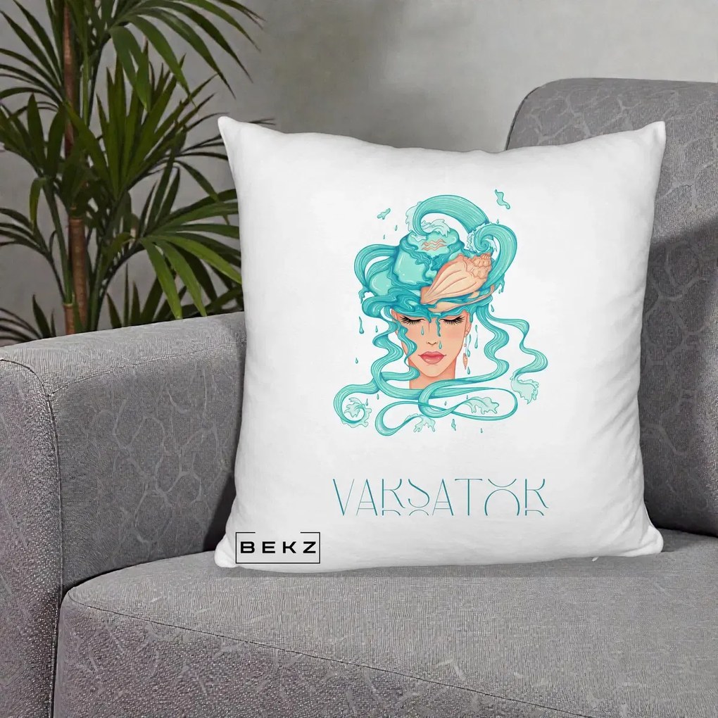Perna Personalizata Zodiac Varsator Cowgirl, 40x40 cm, Alb Pufos, Husa Detasabila, Perna Inclusa, BEKZ®