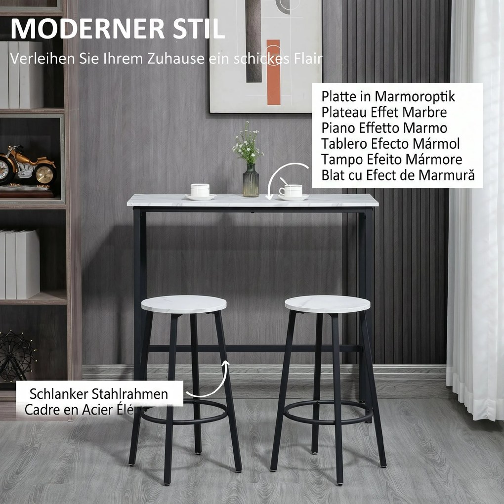 HOMCOM Set Masă și 2 Scaune de Bar din PAL, MDF și Oțel, 100x40x90 cm, Alb și Negru | Aosom Romania