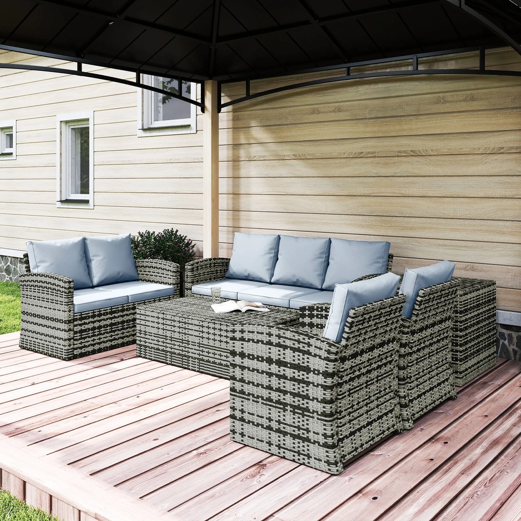 Outsunny Set de mobilier de gradina din ratan de 6 piese, canapea si 2 fotolii tapitate pentru 7 persoane, bej | Aosom Romania