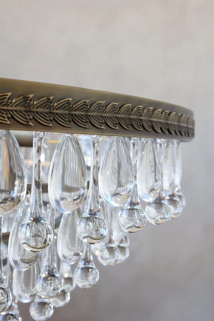 Candelabru din sticlă și alamă antichizată, lucrat manual, cu prisme de cristal, 6 brațe, 49x50 cm, „Versailles"