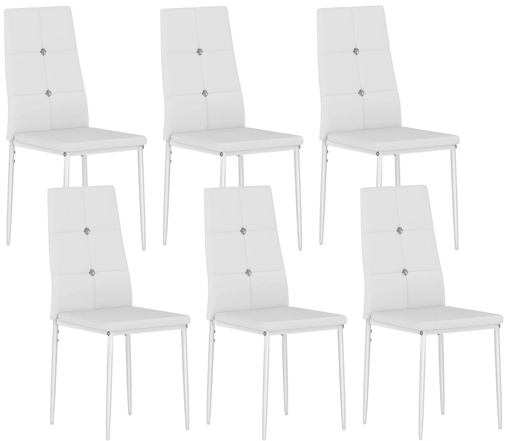 HOMCOM Set de 6 Scaune de Dining Tapizate în PU cu Spătar Înalt cu Butoane și Picioroare de Oțel Design Modern Alb | Aosom Romania