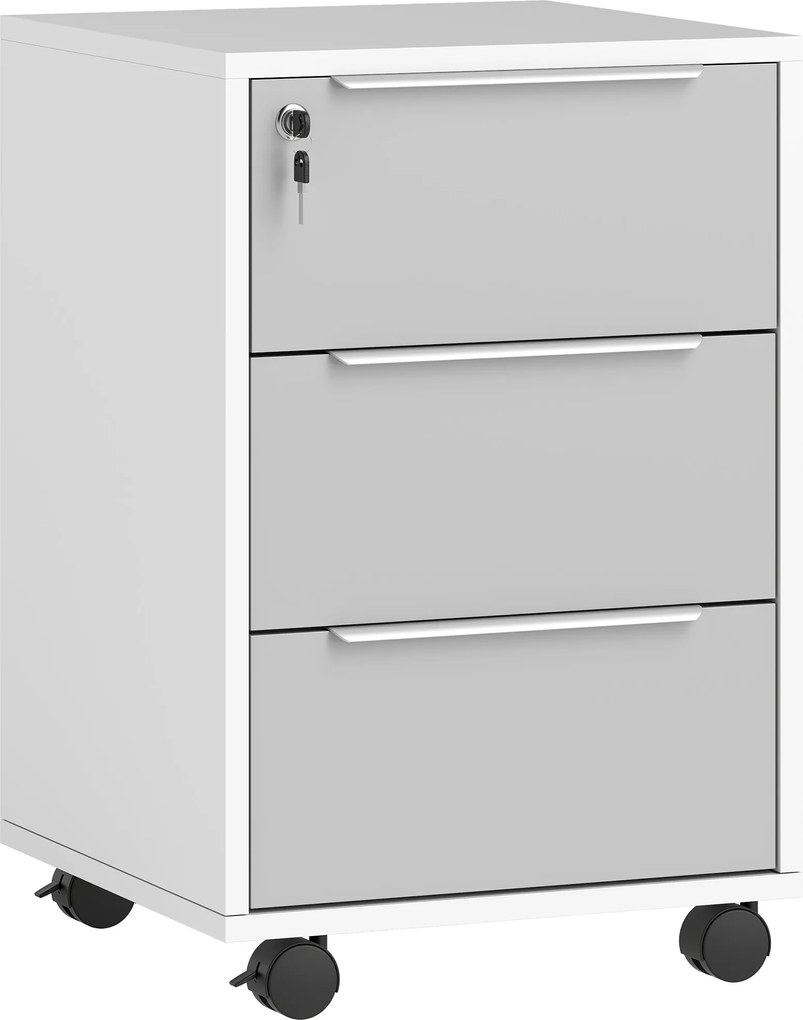 HOMCOM Dulap de Birou cu 3 Sertare cu Chei și 4 Rotile Alb și Gri | Aosom Romania