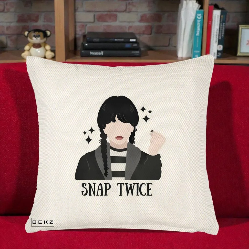 Perna Personalizata Wednesday Snap Twice, 40x40 cm, Crem Reliefat, Husa Detasabila, Perna Inclusa, BEKZ®