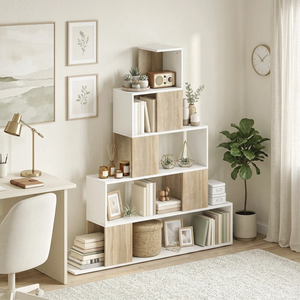 HOMCOM Bibliotecă cu 5 Rafturi Tip Trepte, Alb și Lemn Natural | Aosom Romania