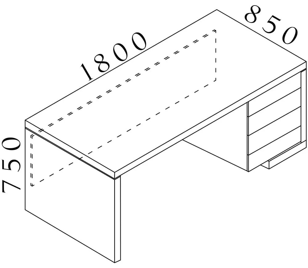 Masa Lineart 180 x 85 cm + container dreapta, ulm inchis / alb