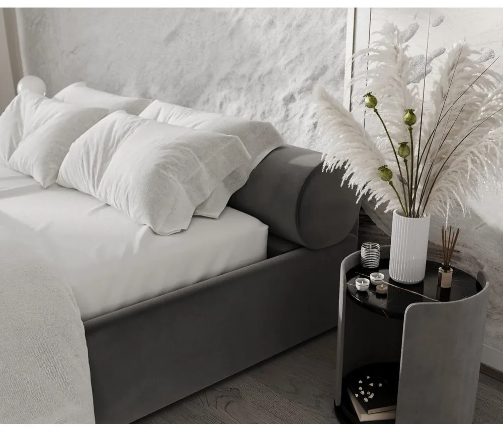 Pat matrimonial gri închis tapițat cu spațiu de depozitare cu somieră 140x200 cm Solvo – Maison de Rêve