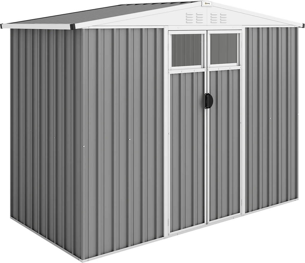 Outsunny Șopron pentru unelte de grădină din oțel zincat cu 2 uși, 246x117x180 cm, Gri deschis | Aosom Romania