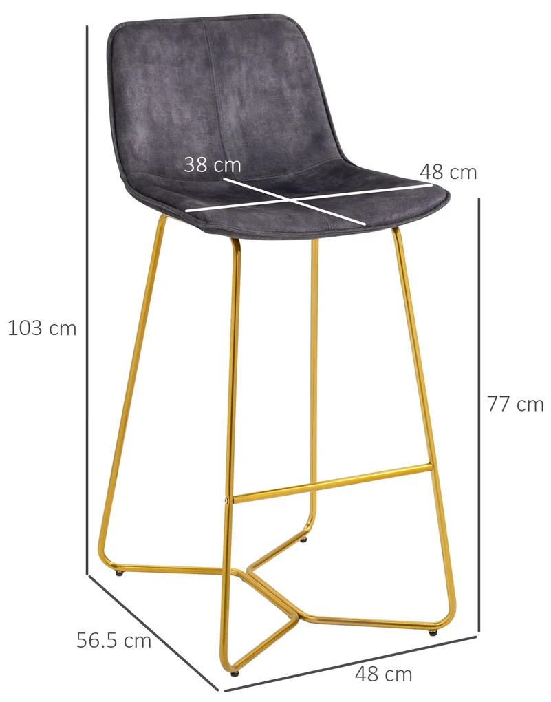 Set de 2 scaune de bar HOMCOM, spatar, din catifea, picioare aurii, 48x56,5x103cm, gri | Aosom RO