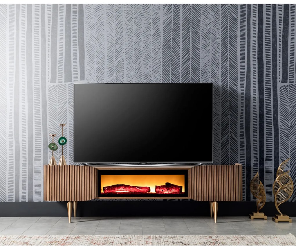 Comoda TV MARSILYA, cu semineu, alun, 180x38x52 cm