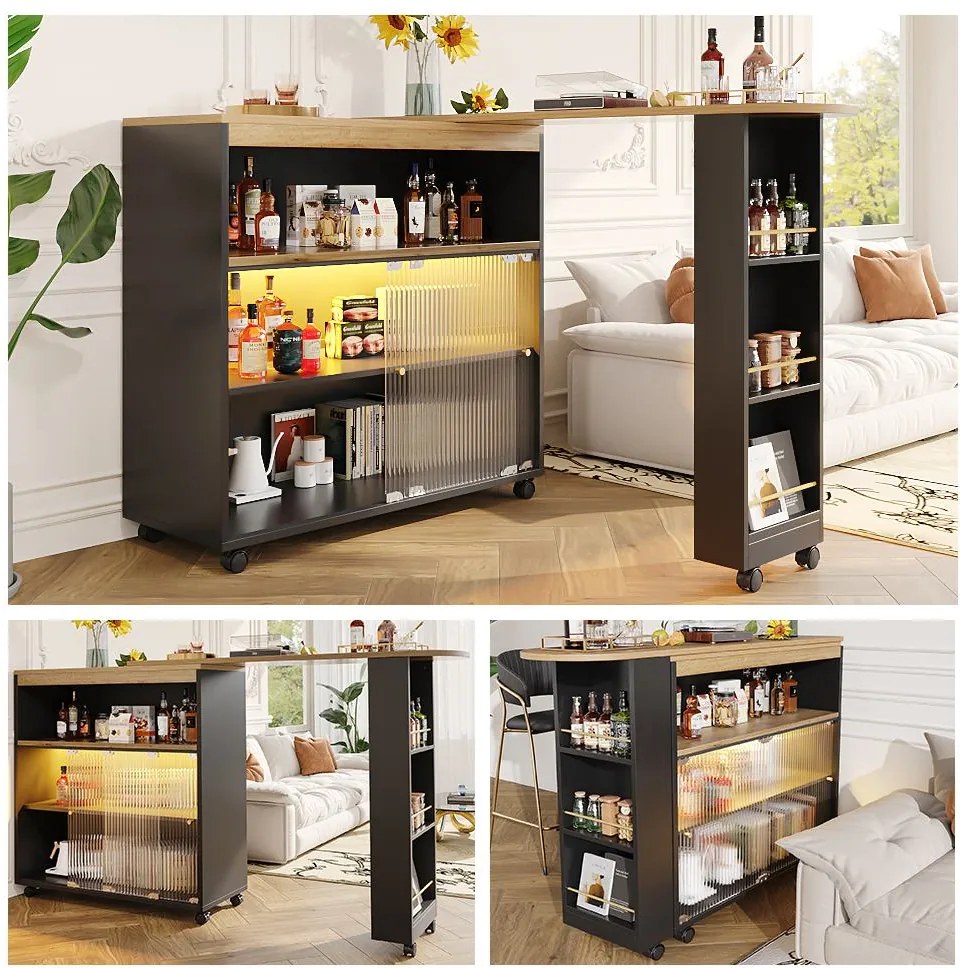 Masă bar modernă extensibilă și mobilă, cu LED, spațiu mare de depozitare, 138-204×39×105 cm, Negru