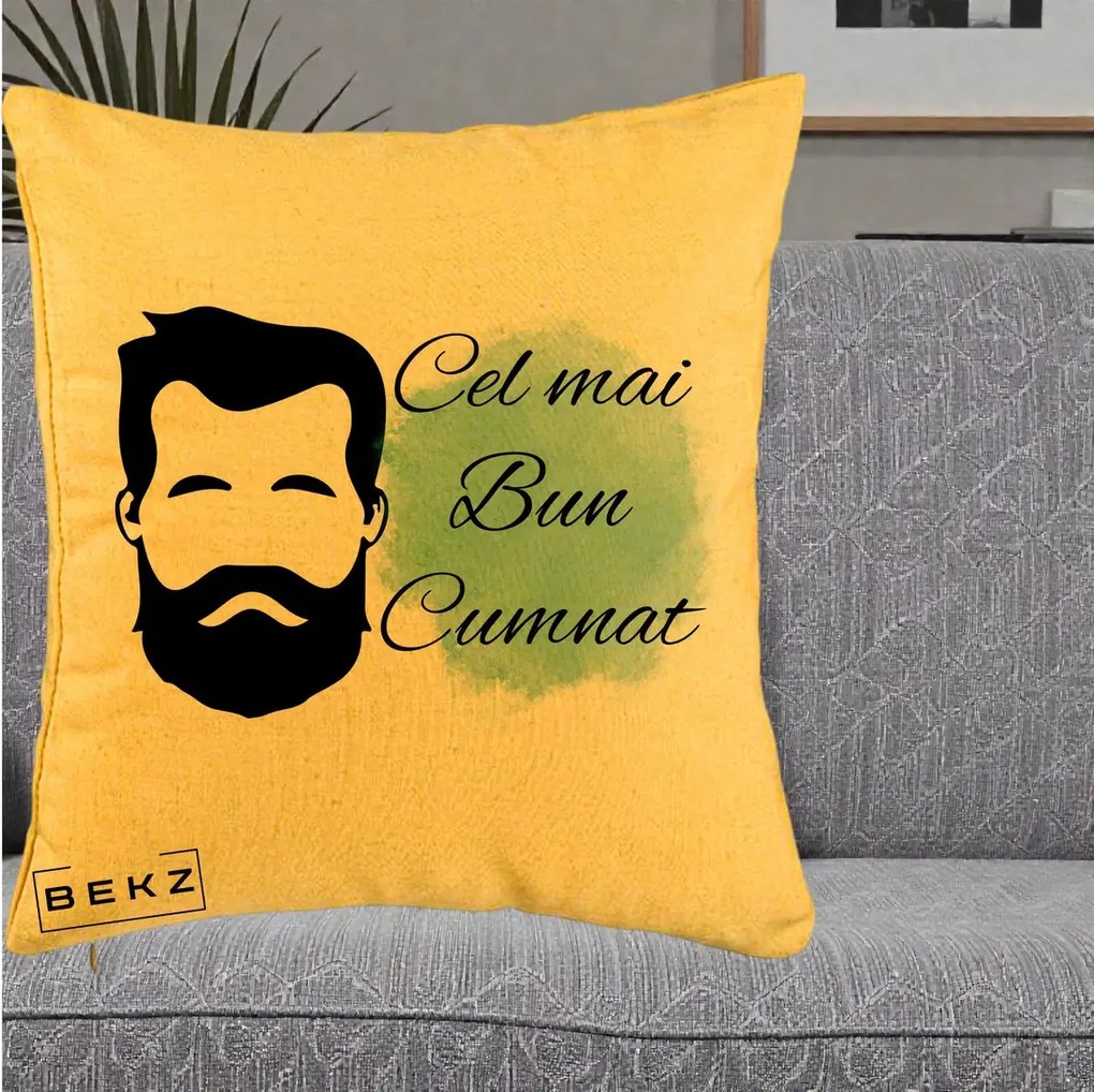 Cadou pentru Cumnat - Perna Personalizata Cel mai Bun Cumnat cu Portret Barbat si Pete Teal, 40x40 cm, Galben, Husa Detasabila, Perna Inclusa, BEKZ®