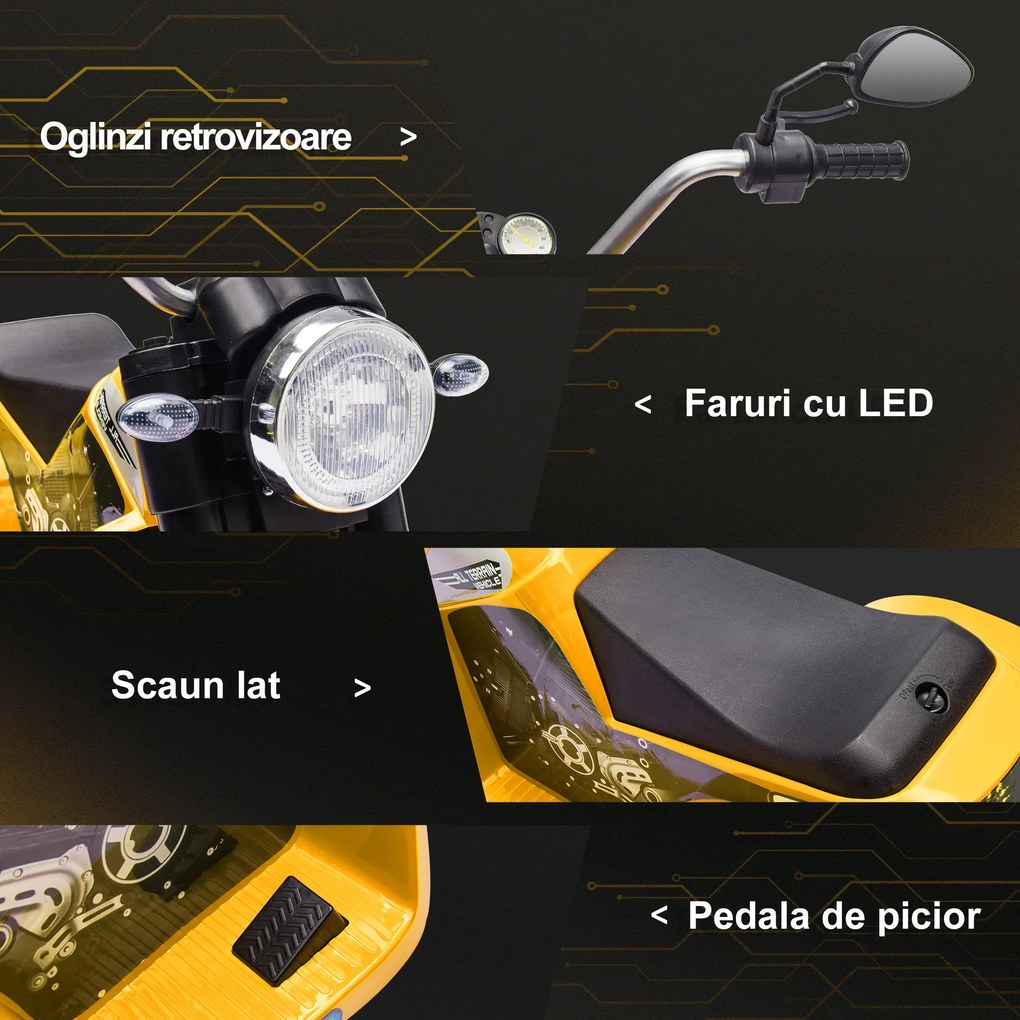 HOMCOM Motocicletă Electrică cu 3 Roti Galben, Lumini și Sunete, pentru Copii 18-36 Luni, Baterie 6V | Aosom Romania