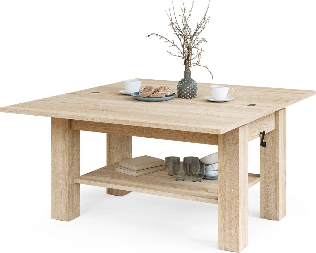 Mazzoni BRAWO Stejar Sonoma - MĂSUȚĂ DE CAFEA CU BLAT EXTENSIBIL ȘI RIDICABIL MASĂ CU RAFT