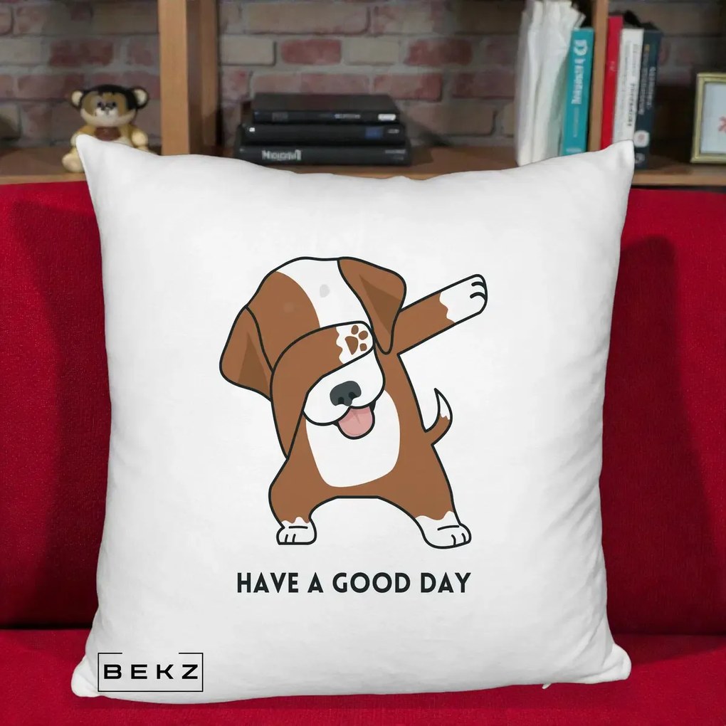 Perna Decorativa Caine Dab Have A Good Day, 40x40 cm, Alb Pufos, Husa Detasabila, Perna Inclusa, BEKZ®