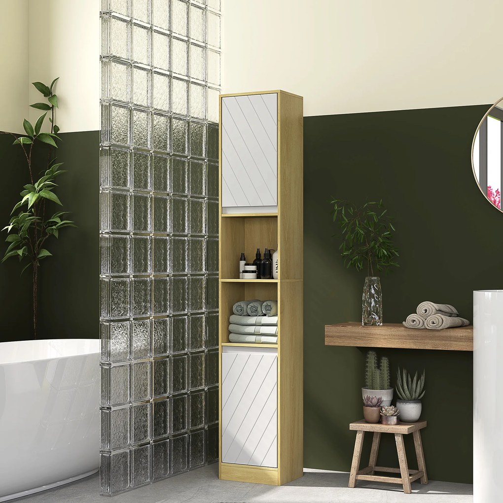 HOMCOM Dulap Baie Înalt Spațios, Mobilier de Baie cu 2 Dulapuri și Rafturi Reglabile, 30x24x170 cm, Lemn Natural | Aosom Romania