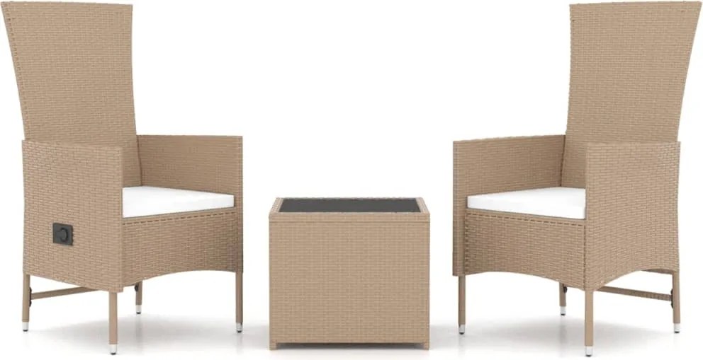 vidaXL Set șezlonguri grădină, 3 piese, bej, poliratan&oțel