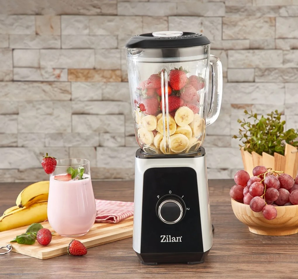 Blender ZILAN ZLN3925, 1.5 l, 2 viteze + Functie impuls, Zdrobire gheata, Vas de sticla, Inox