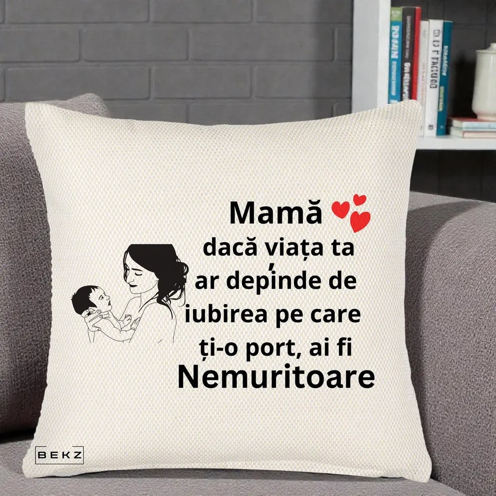Cadou pentru Mama - Perna Personalizata Mama Nemuritoare Imbratisare Copil, 40x40 cm, Crem Reliefat, Husa Detasabila, Perna Inclusa, BEKZ®