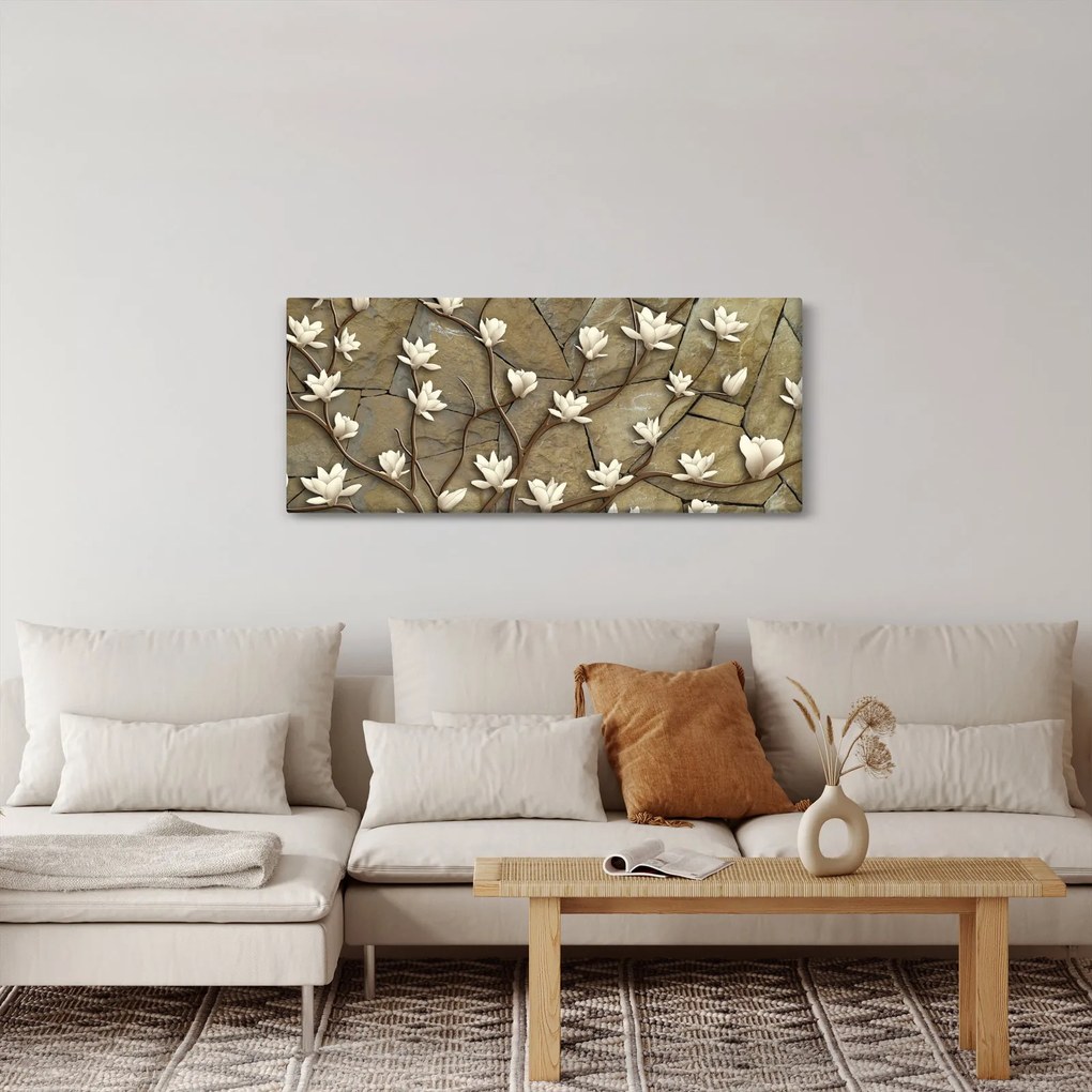 Tablou - Magnolii albe pe zidărie de piatră (120x50 cm)