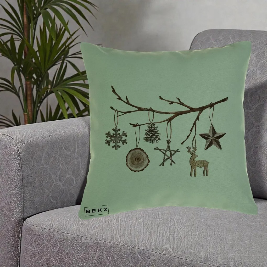 Perna Decorativa Ornamente de Lemn pe Ramura, 40x40 cm, Verde, Husa Detasabila, Perna Inclusa, BEKZ®