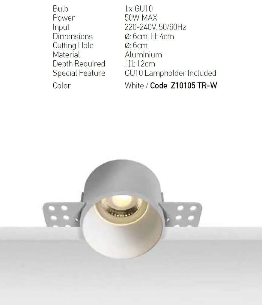 Spot incastrabil GU10 Monika alb D-6cm