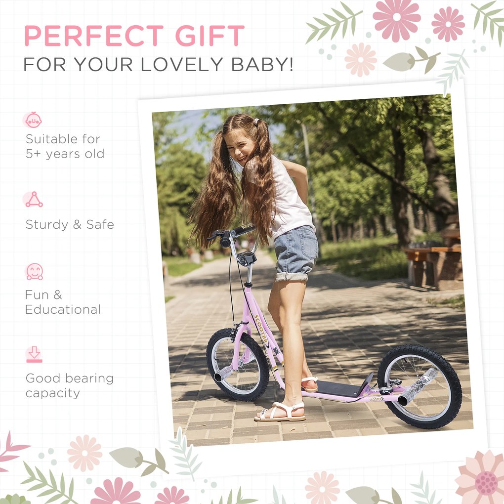 HOMCOM Trotinetă patinete Mari Roți pneumatice Ø 41 cm cu pegs Roz | Aosom Romania