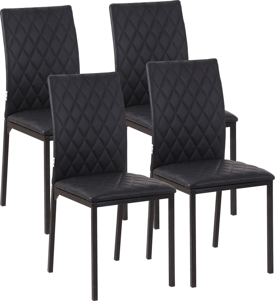 HOMCOM Set de 4 Scaune din Piele Ecologică cu Cusături Romboidale și Picioare din Oțel, 41x50x91 cm, Negru | Aosom Romania