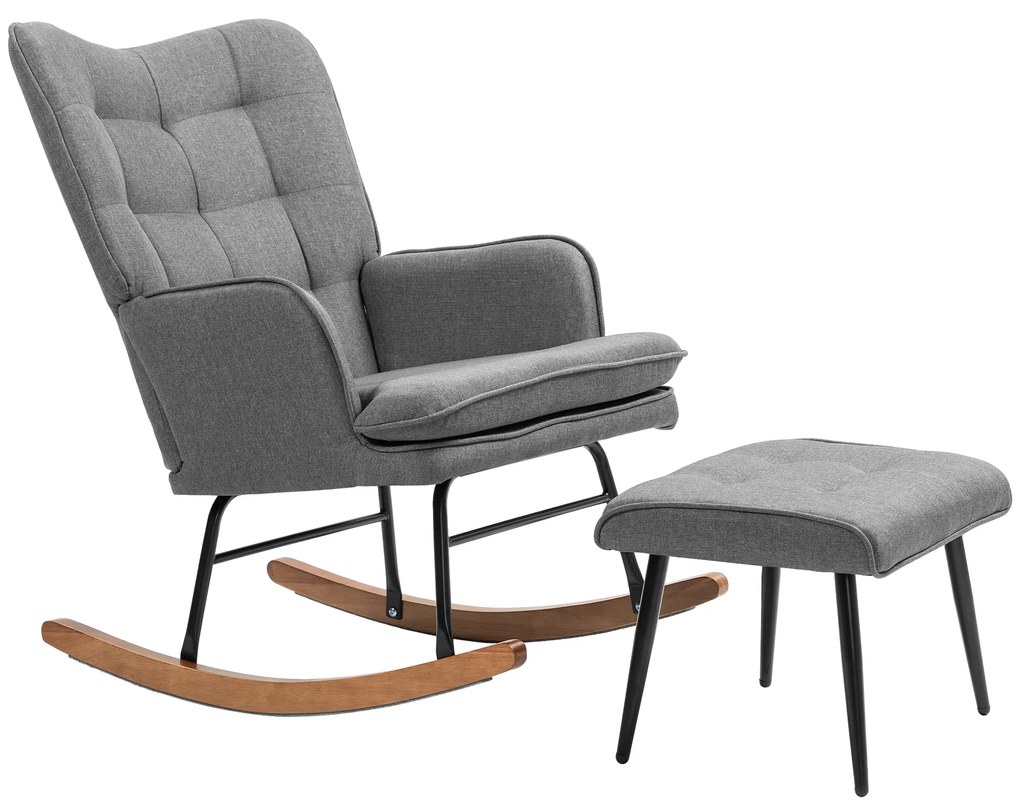 HOMCOM Fotoliu cu leagăn și taburet, confortabil, până la 130 kg, aspect de in, 64x89x90cm, Gri închis | Aosom Romania