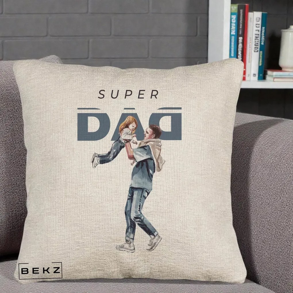 Cadou pentru Tata - Perna Personalizata Super DAD Tata si Fiica, 40x40 cm, Bej Canapea, Husa Detasabila, Perna Inclusa, BEKZ®