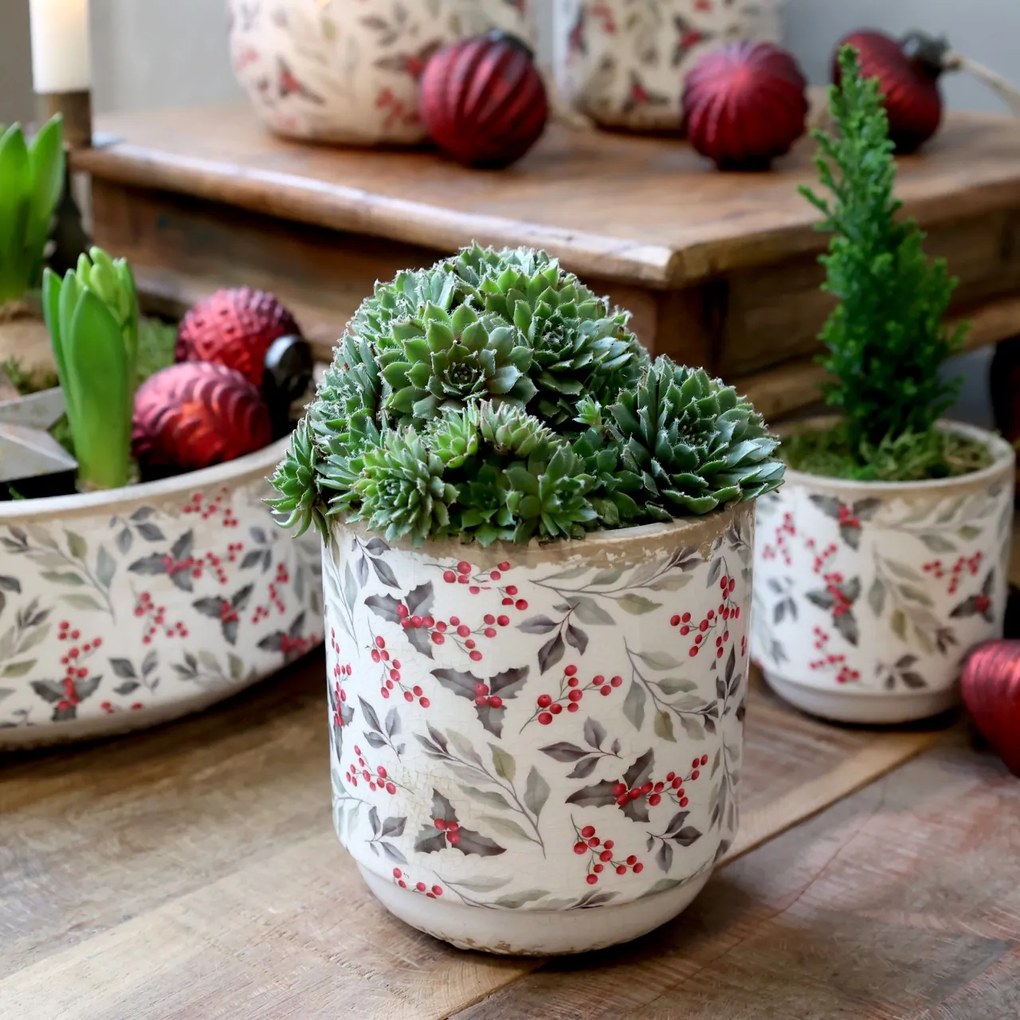 Ghiveci din ceramică cu frunze și fructe de pădure, aspect vintage, H13.5/D13 cm