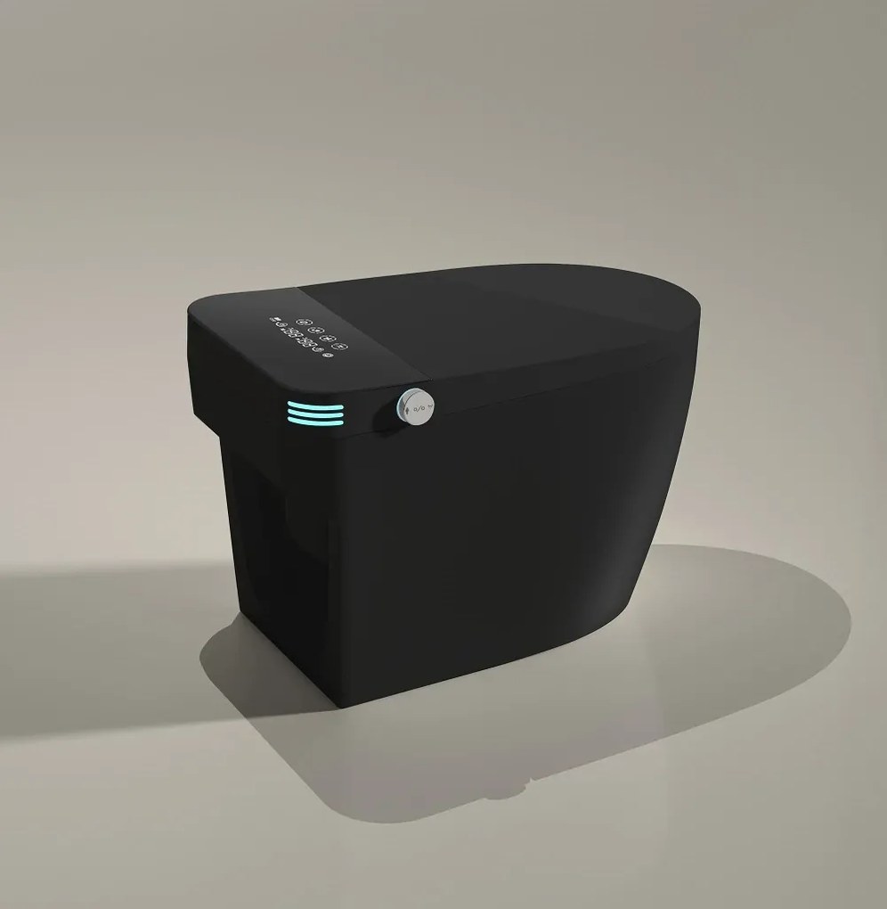 Smart WC 822 – Vas de Toaletă Inteligent cu Bideu, Sterilizare UV, Deschidere/Închidere automată, Senzor picior, Control inteligent al Temperaturii, Uscare aer cald, Iluminare de noapte, Afișaj LED, Telecomandă, Ceramică, Negru