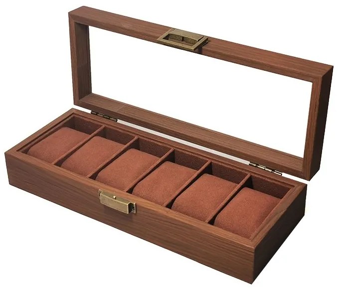Cutie din Lemn pentru 6 Ceasuri LUXURY, Maro, Cu Capac Transparent