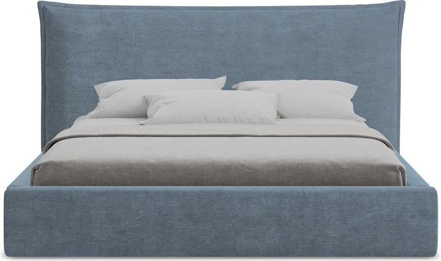 Pat matrimonial albastru tapițat cu spațiu de depozitare cu somieră 160x200 cm Esala – Makamii