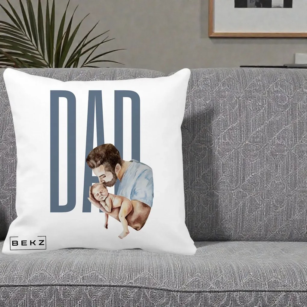 Cadou pentru Tata - Perna Personalizata DAD Tata si Nou-Nascut, 40x40 cm, Alba Mata, Husa Detasabila, Perna Inclusa, BEKZ®