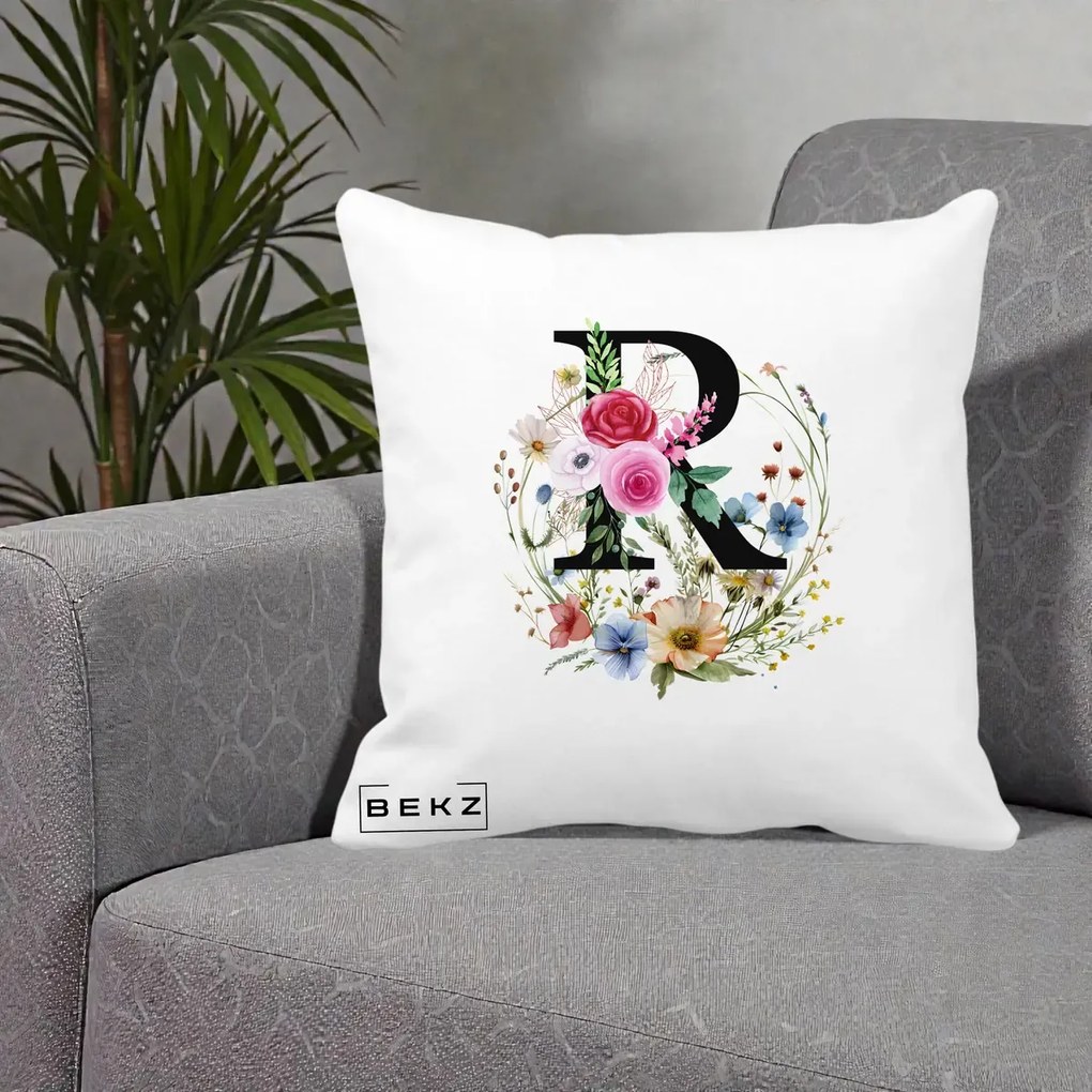 Cadou Personalizat - Perna Personalizata Monogram Litera R cu Flori Acuarela, 40x40 cm, Alba Mata, Husa Detasabila, Perna Inclusa, BEKZ®