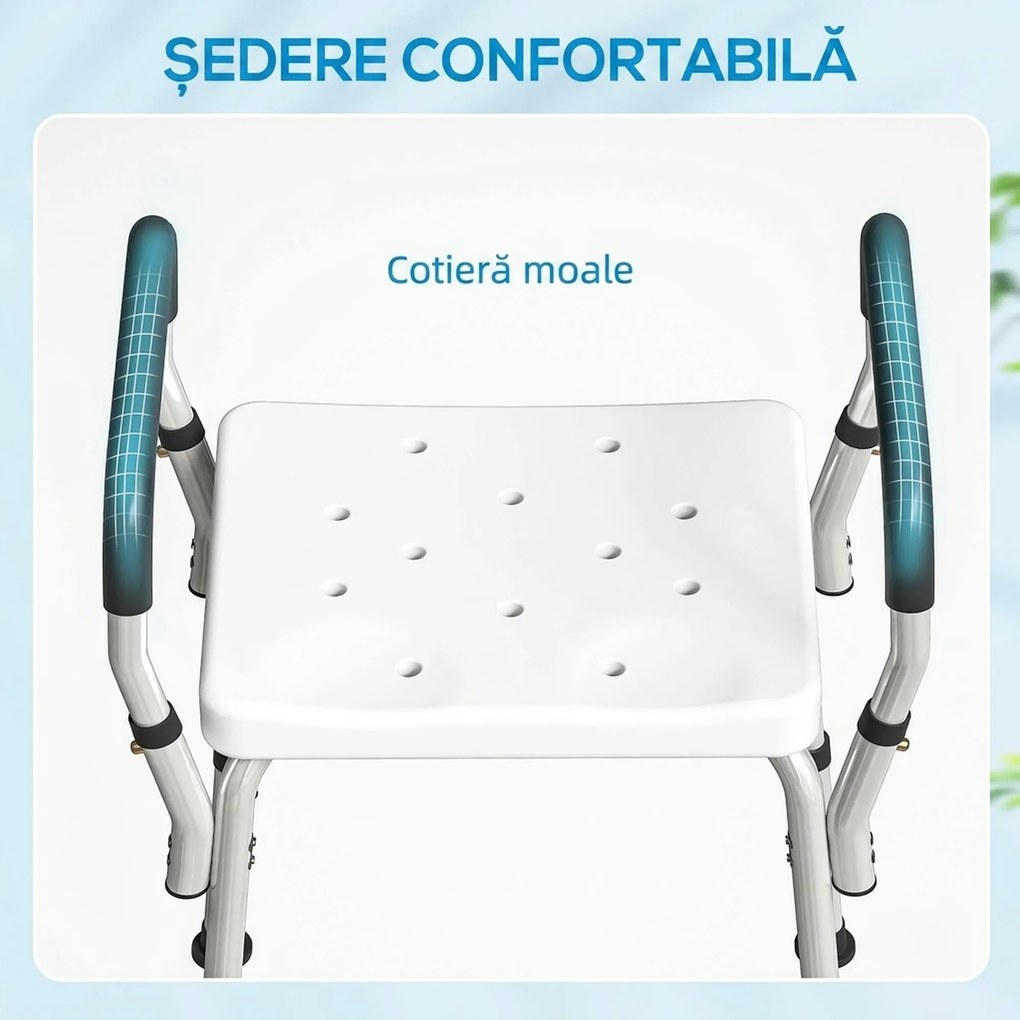 HOMCOM Scaun de Duș din Aluminiu, Reglabil pe Înălțime, cu Cotiere și Picioare Antiderapante, Alb | Aosom Romania