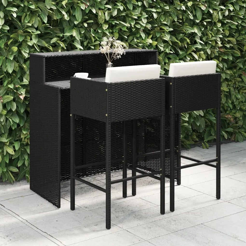 vidaXL Set mobilier bar de grădină cu perne, 3 piese, negru, poliratan