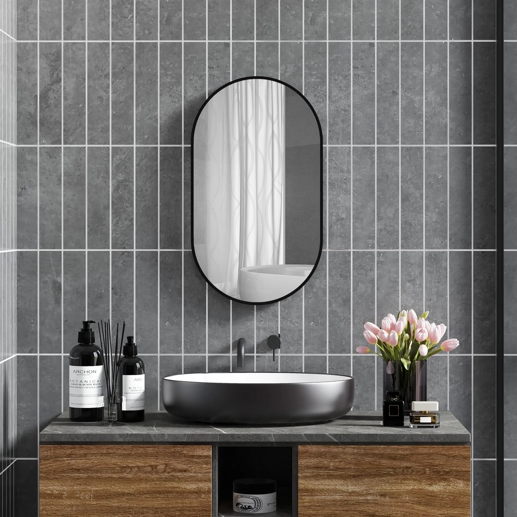 HOMCOM Oglindă Baie Ovală de Perete cu Ramă din Aluminiu, Verticală sau Orizontală, 40 x 70 cm, Negru | Aosom Romania