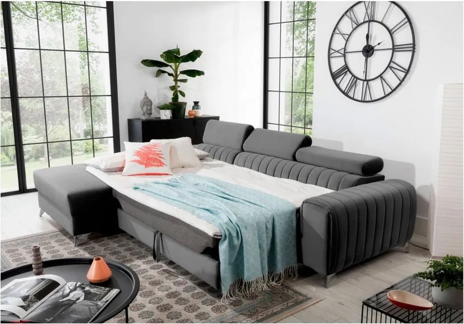 Colțar gri închis extensibil/cu spațiu de depozitare cu tapițerie din catifea (cu colț pe partea stângă/cu șezlong) Grayson – ELTAP