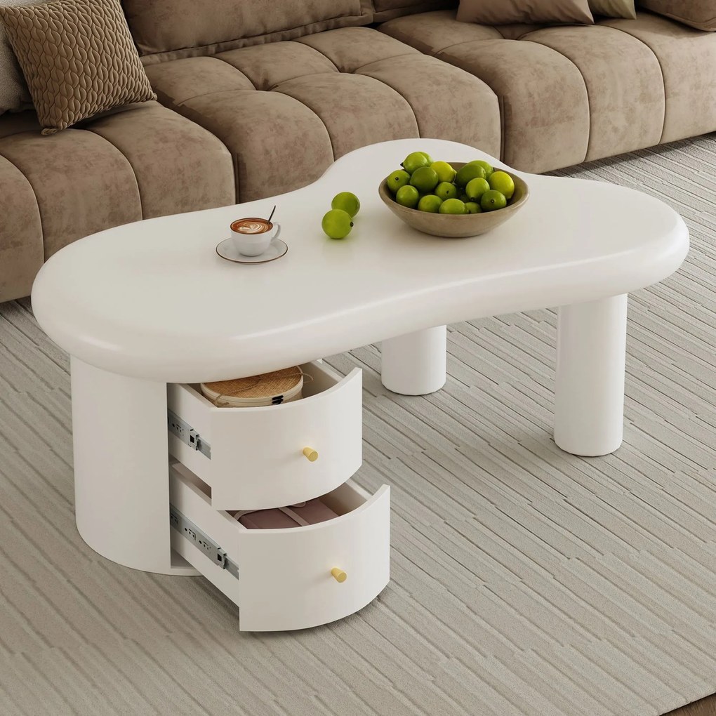 Măsuță de cafea cu formă neregulată, 2 sertare, 97x64x42 cm, Alb