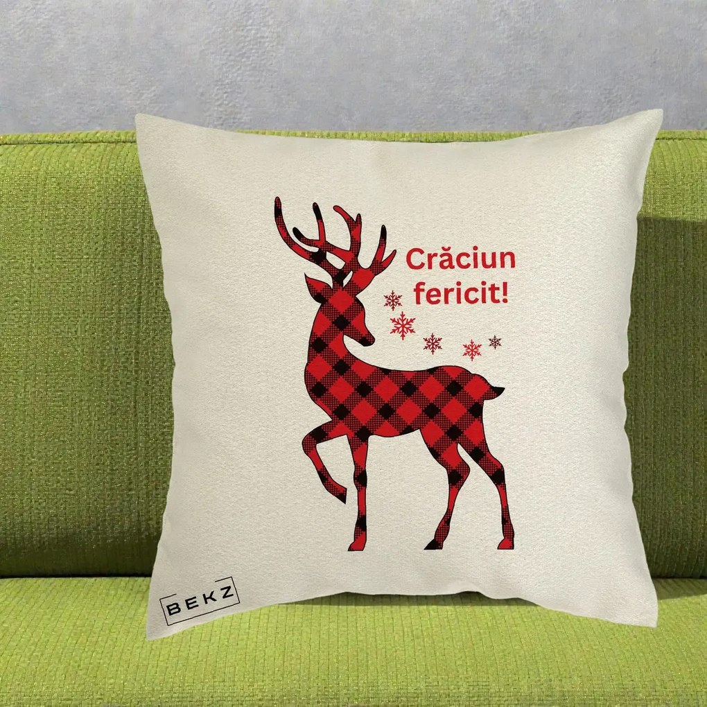 Perna Decorativa Ren Tartan Craciun Fericit, 40x40 cm, Ecru, Husa Detasabila, Perna Inclusa, BEKZ®