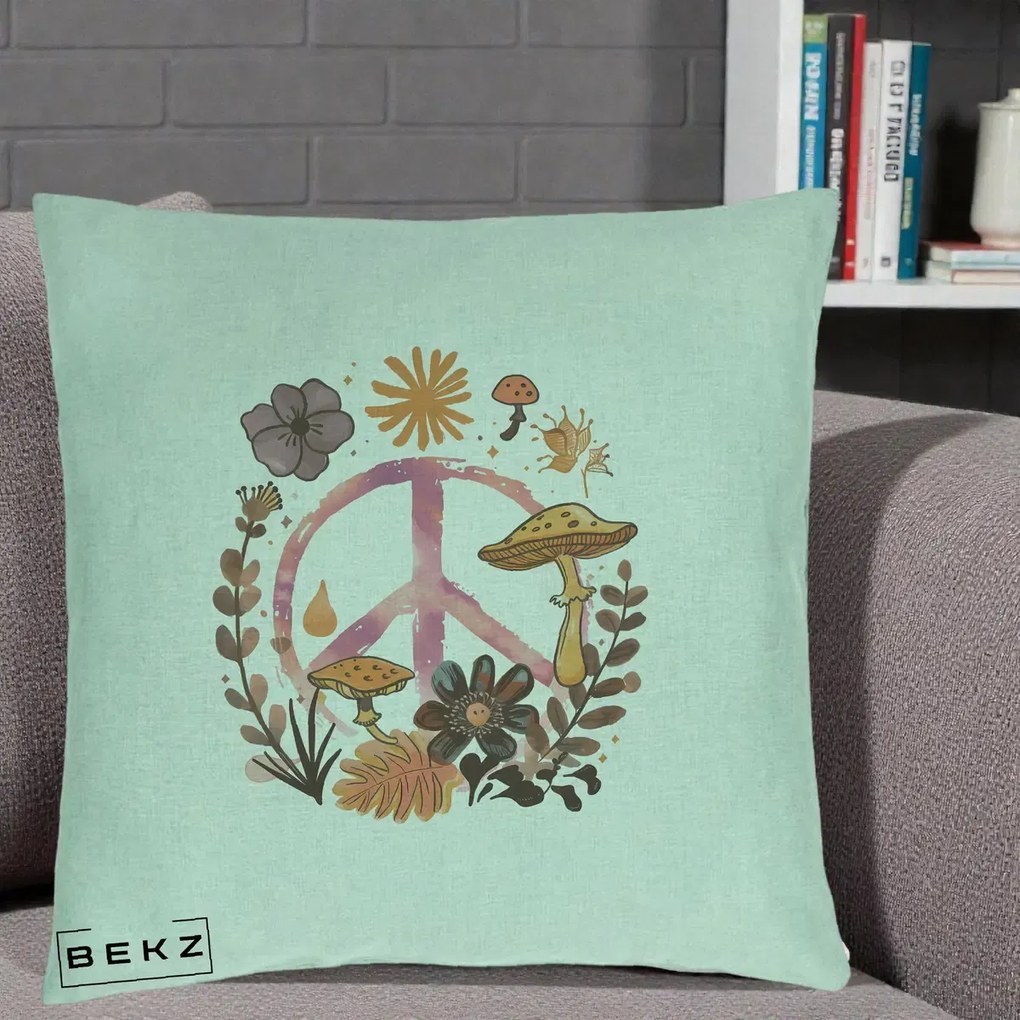 Perna Decorativa Peace Ciuperci Boho, 40x40 cm, Verde Menta, Husa Detasabila, Perna Inclusa, BEKZ®